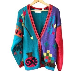 Sharon Young Vintage szM Ramie Blend Southwest Native American Novelty Cardigan